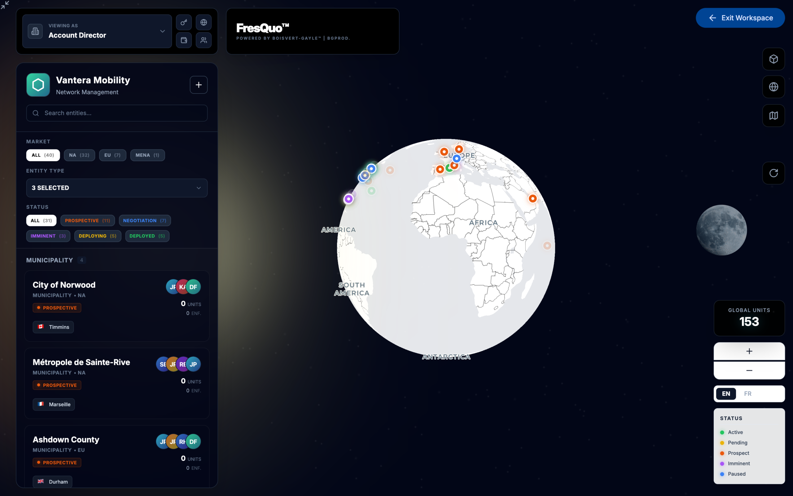 The FresQuo workspace: a global map of entities beside a filterable portfolio panel.