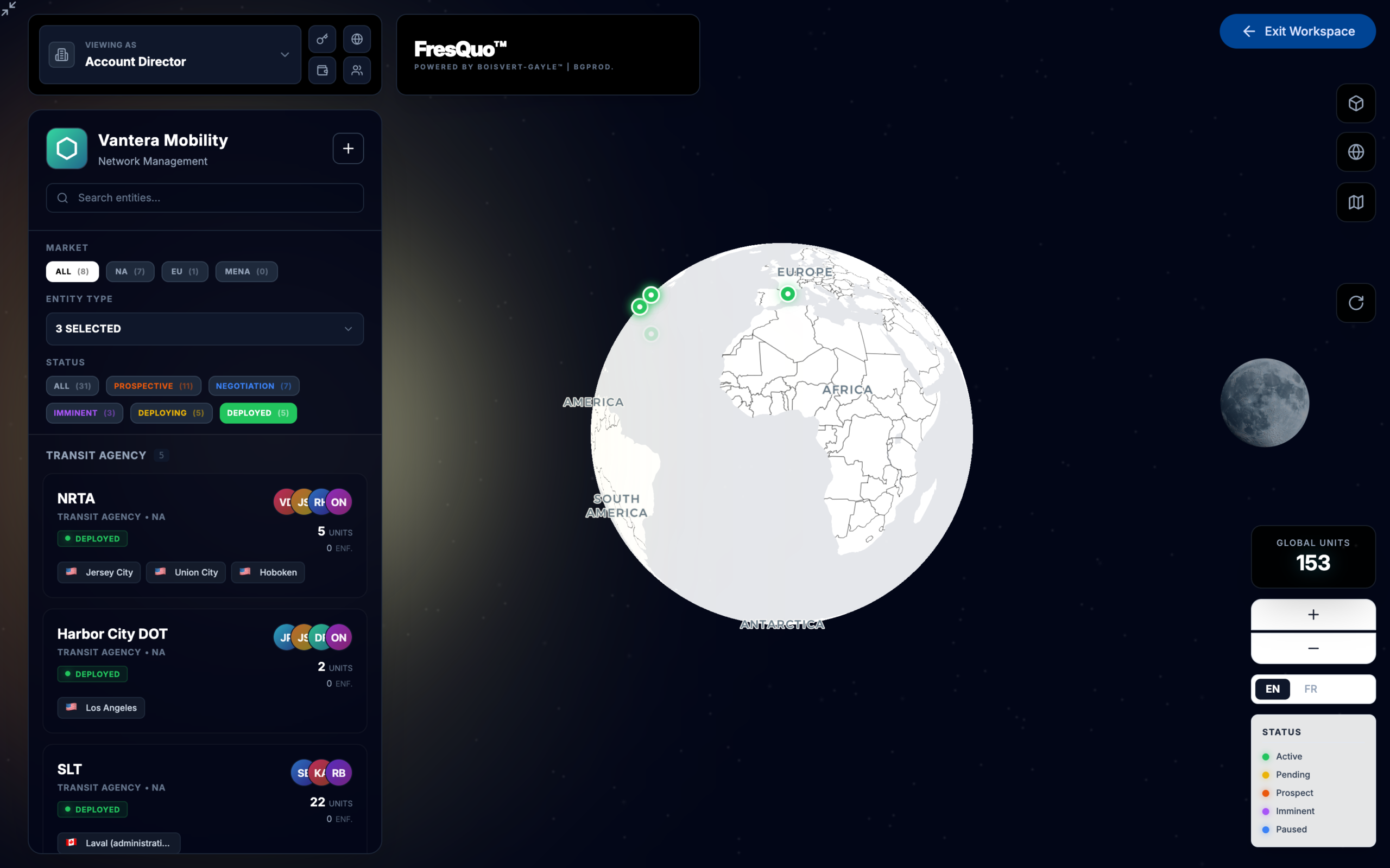 The portfolio filtered to deployed programs, with matching markers lit on the globe.